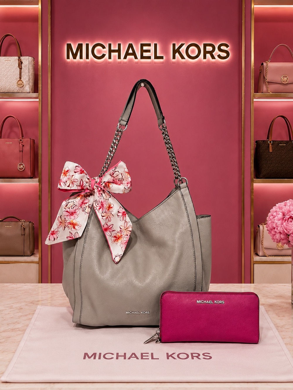 Michael Kors. 5 Piece Set: Newbury Chain Tote & Free Wallet, 2 Scarfs & Dust Bag